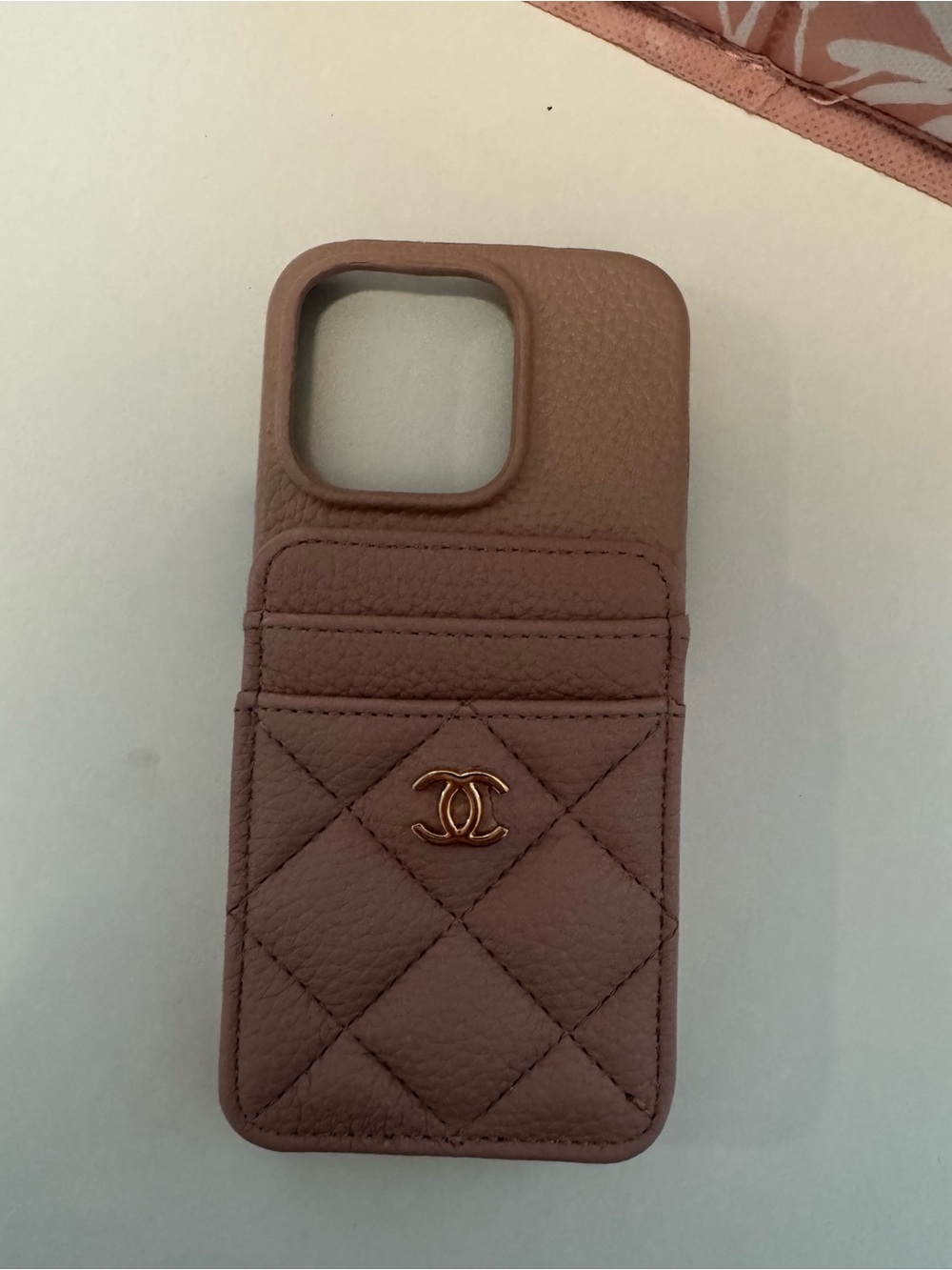 Quilted Leather Phone Case with Gold CC Logo - Mauve Pink
